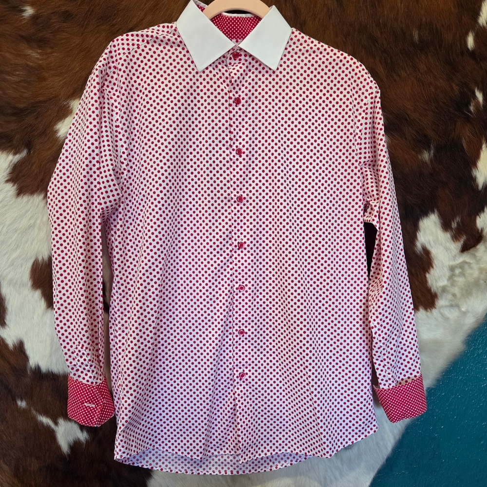 Men's Red and White Polka Dot Button Down Shirt